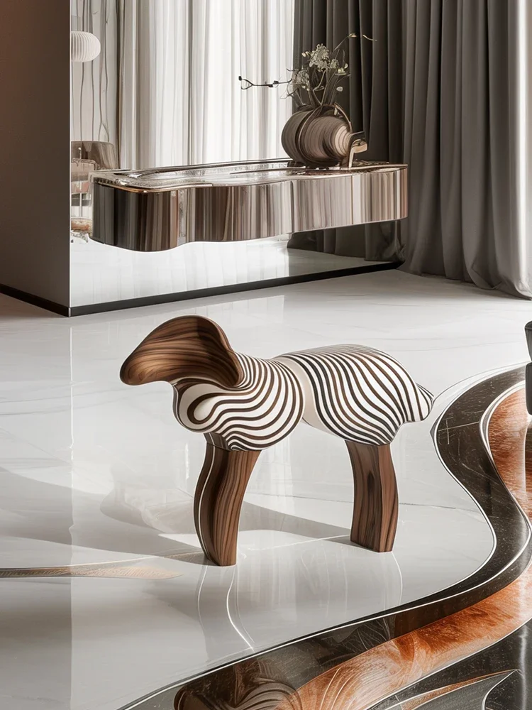 Italian light luxury creative abstract lamb solid wood stool artistic design sense household animal stool low stool view 4