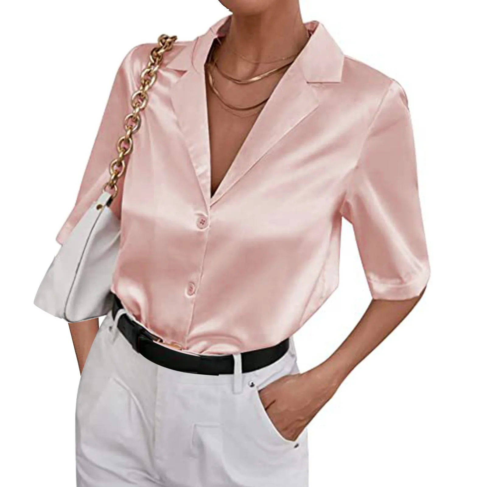 Women\'s Satin Shirt Short Sleeve Pure Color White Pink Green Silk Blouse Summer Elegant Blusas Female Cloth