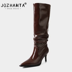 JOZHAMTA Size 34-40 Women Knee High Boots Real Leather Casual Wide Calf Kitten Heels Shoes Winter 2025 Office Lady Daily Dress