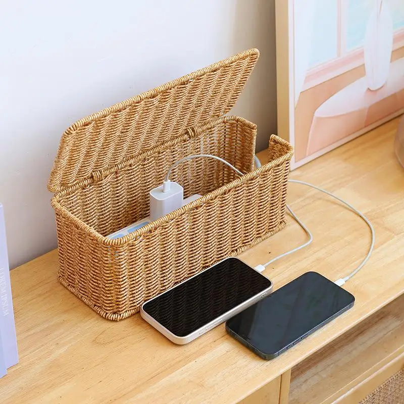 Hand-Woven Charging Station Storage Box Cable Management Basket For USB Cables Data Cables Organizer