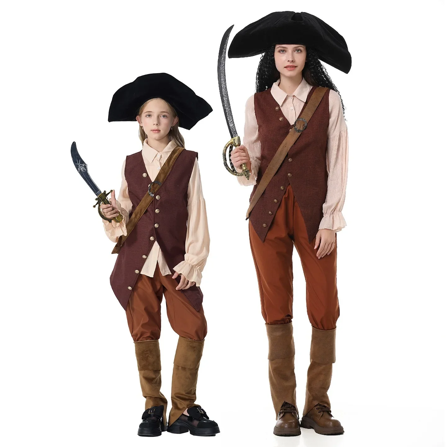 Family Matching Pirate Costume Adult Kids Vest Pants Hat Sword Halloween Cosplay Carnival Treasure Hunt Group Photo Outfit PS66