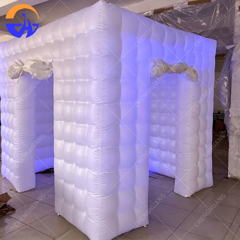 Customized inflatable white tent photo booth with LED lighting and blower advertising props