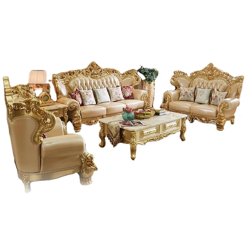 #European Style Double-Sided Carved Solid Wood Sectional Sofa Set Single Modular Cowhide Covered High Density Sponge Filled Sofa