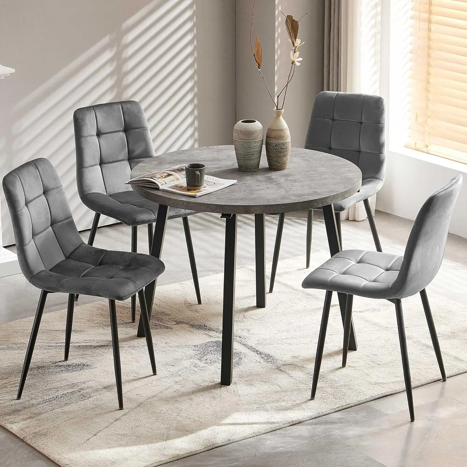 Nordicana 5 Pieces Industrial 37 Inch Grey Engineered Wood Round Dining Table Set, Kitchen Table And Chairs For 4 Person, Space