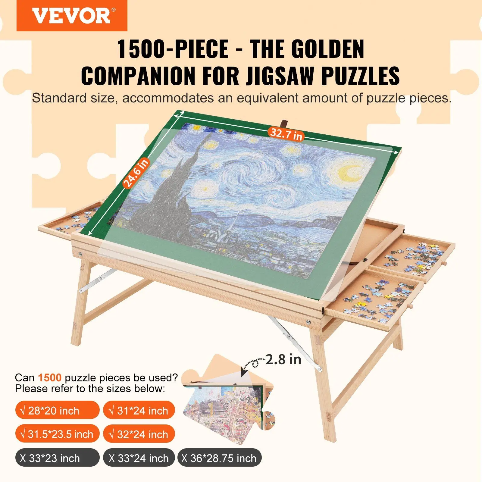 500-delige puzzeltafel met opklapbare poten, 4 lades en deksel, 32,7"x24,6" houten puzzelplatform, verstelbaar 3-kantelen-An