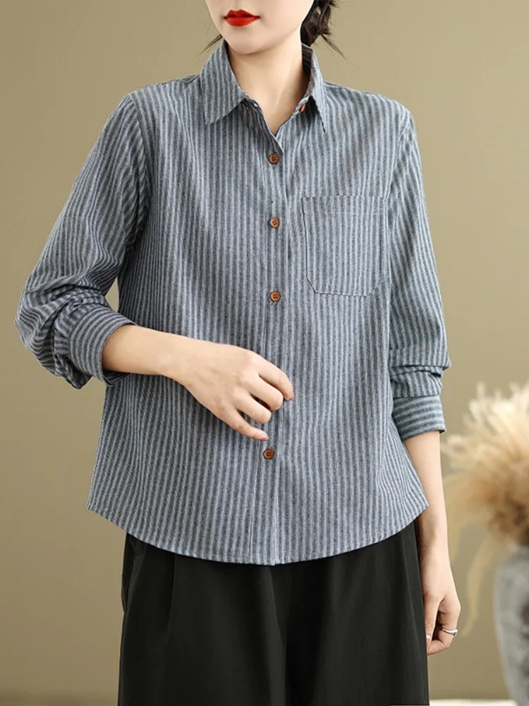 

Casual Striped Pure Cotton Shirt Women's Spring Large Size Collared Loose Slimming Long Sleeve Top Versatile Commute Style
