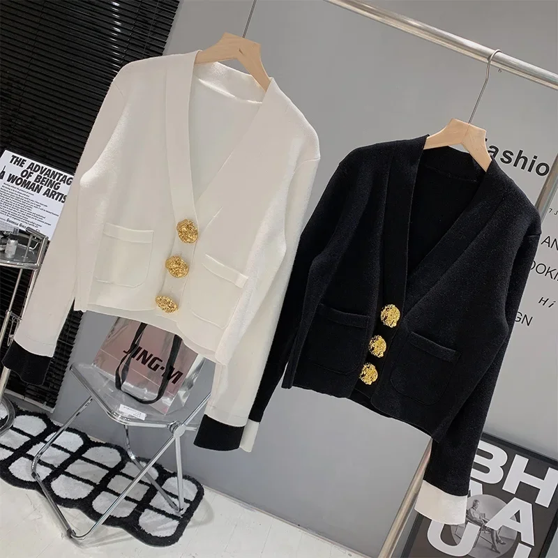 Women Clothing Knitted Button Fashion Sweater Cardigan Office Lady Elegant Solid All-match Top Light Luxury Temperament Knitwear