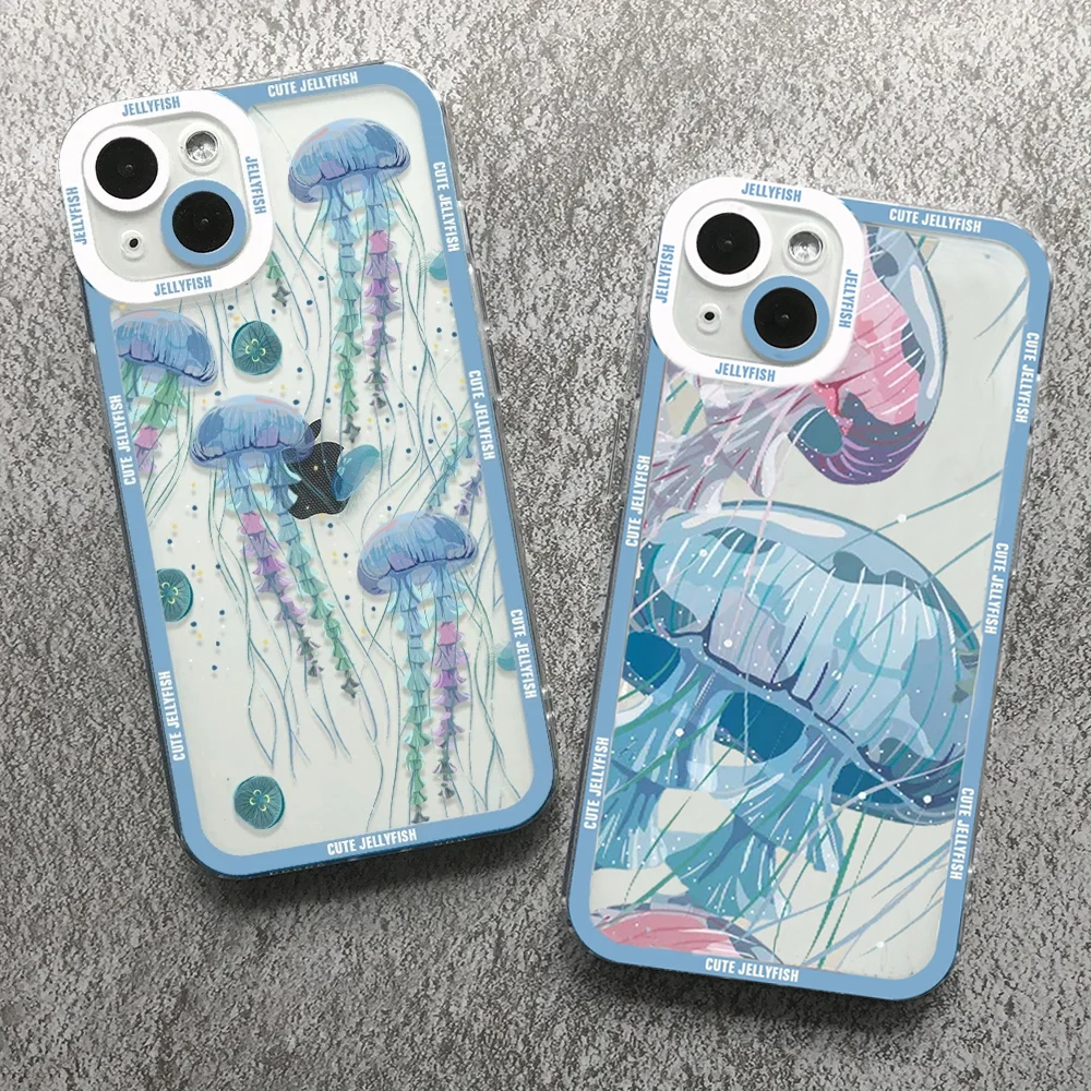 Cute Jellyfish Phone Case For iPhone 15 14 13 12 11 Pro Max Mini 15Plus X XS XR 7 8 Plus Transparent Angel Eyes Back Cover Bags