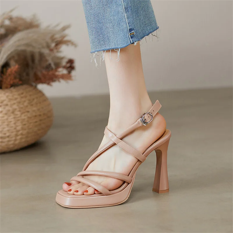 Genuine Leather Open Toe High Heels Sandals Women New Summer Shoes Fashion Sexy Ladies Dress Shoes Female Roman Sandal Thin Heel