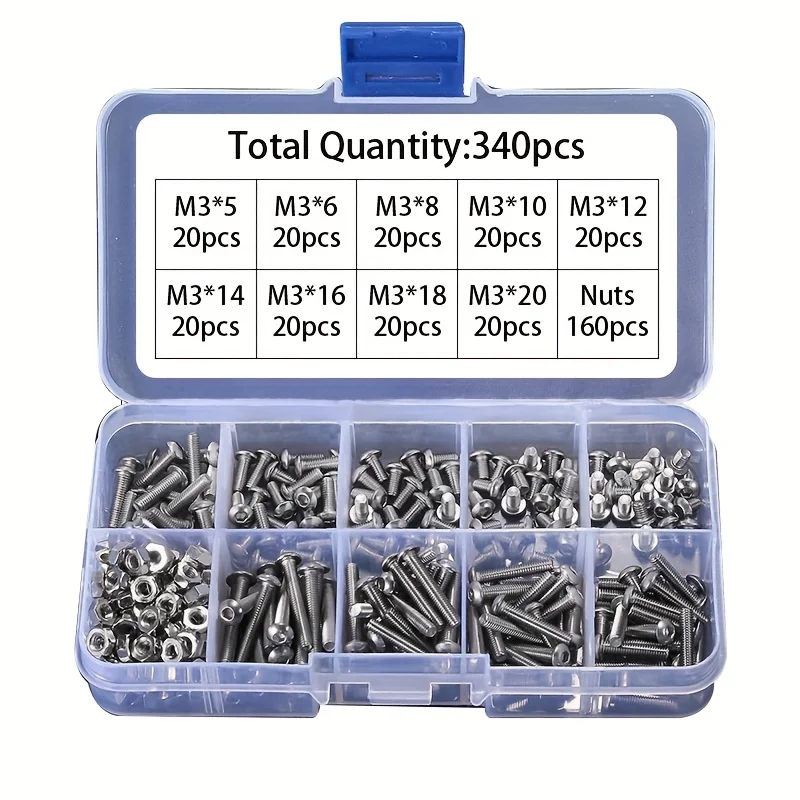 340-teiliges M3 304 Edelstahl Innensechskant-Flachkopfschrauben- und Muttern-Set; M3 Innensechskant-Rundkopfschrauben; DIY-Werkzeugset