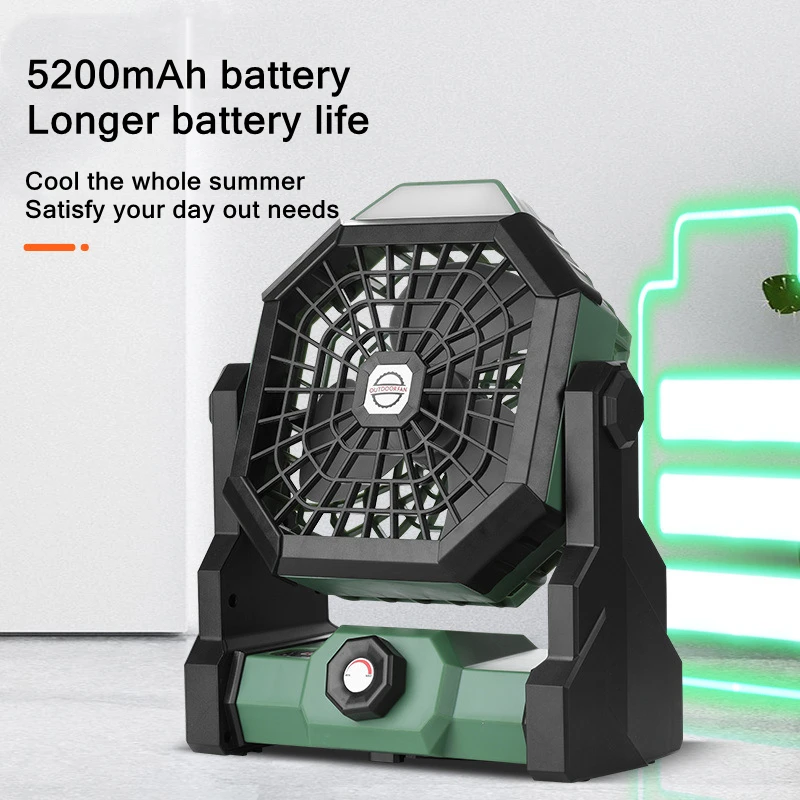 Camping Travel Outdoor Portable Table Fan USB Charging 5200mAh Battery Adjustable Wind Speed Air Cooling Fan with LED Night Lamp