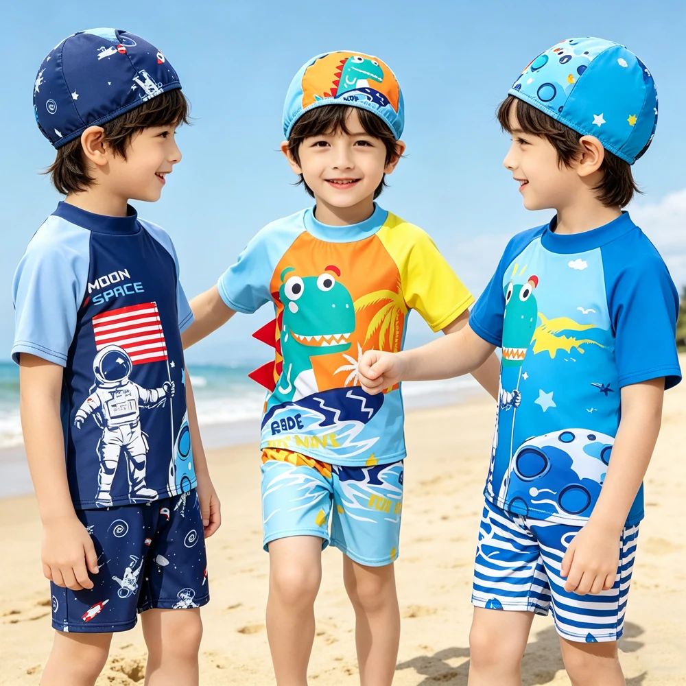 Kids Boys Swimsuit with Hat 3pcs Cartoon Dinosaur Shark Astronaut Print Split Swimwear for Toddler Beach Surf Bathing Suit Swim