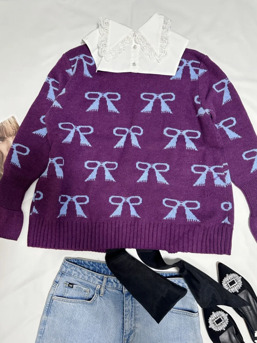 

Вязаный свитер Sweet Ape Miki с бантом Ba, свободный свободный зимний дизайн с цветочной вышивкой и искусственным воротником