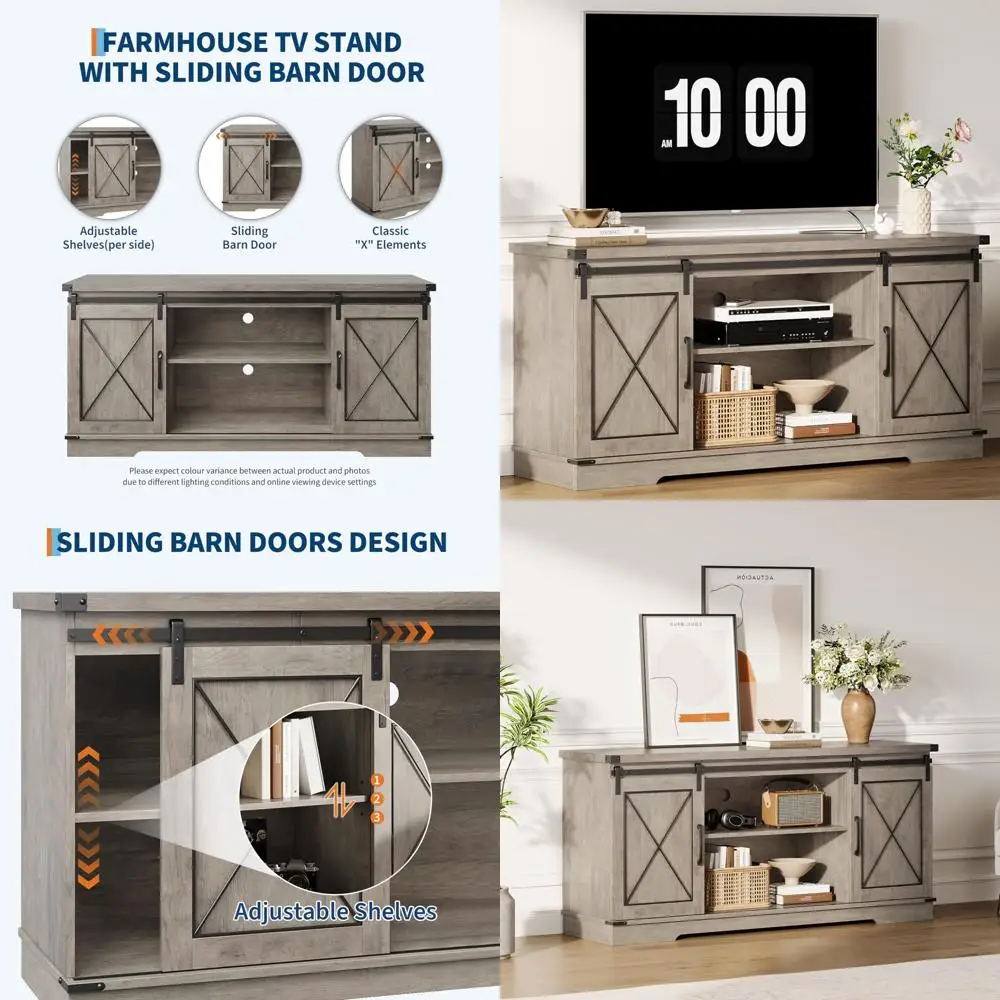 Farmhouse Style TV Stand Entertainment Center for 65 TVs with Sliding Barn Doors and Adjustable Shelves