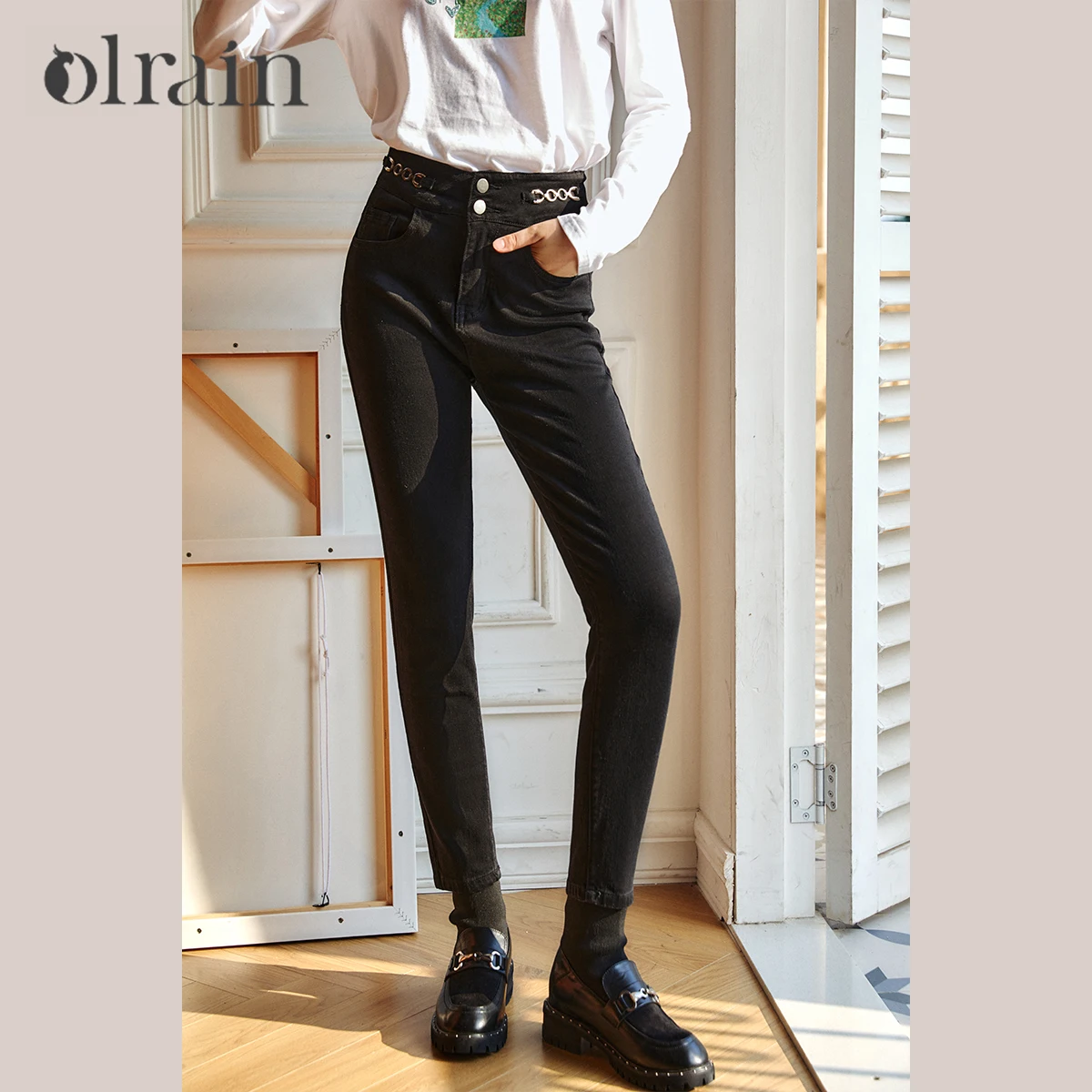 OLrain Women's Black Skinny Jeans High Waist Ankle-Length Stretch Pants Casual Slim Fit Metal Chain Ladies Trousers O21DA56308