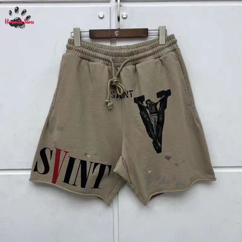 

Heavy Fabric SAINT Shorts Men Woman Hip Hop Vintage High Street Graffiti Best Quality Apricot Khaki Joggers Summer