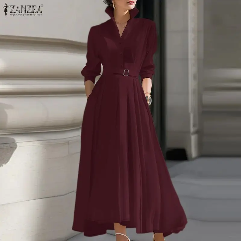 ZANZEA Damen Frühling OL Arbeitskleider 2026 Stilvolles A-Linien-Partykleid Elegantes L-Ausschnitt Langarm-Sommerkleid Einfarbiges Gürtelkleid