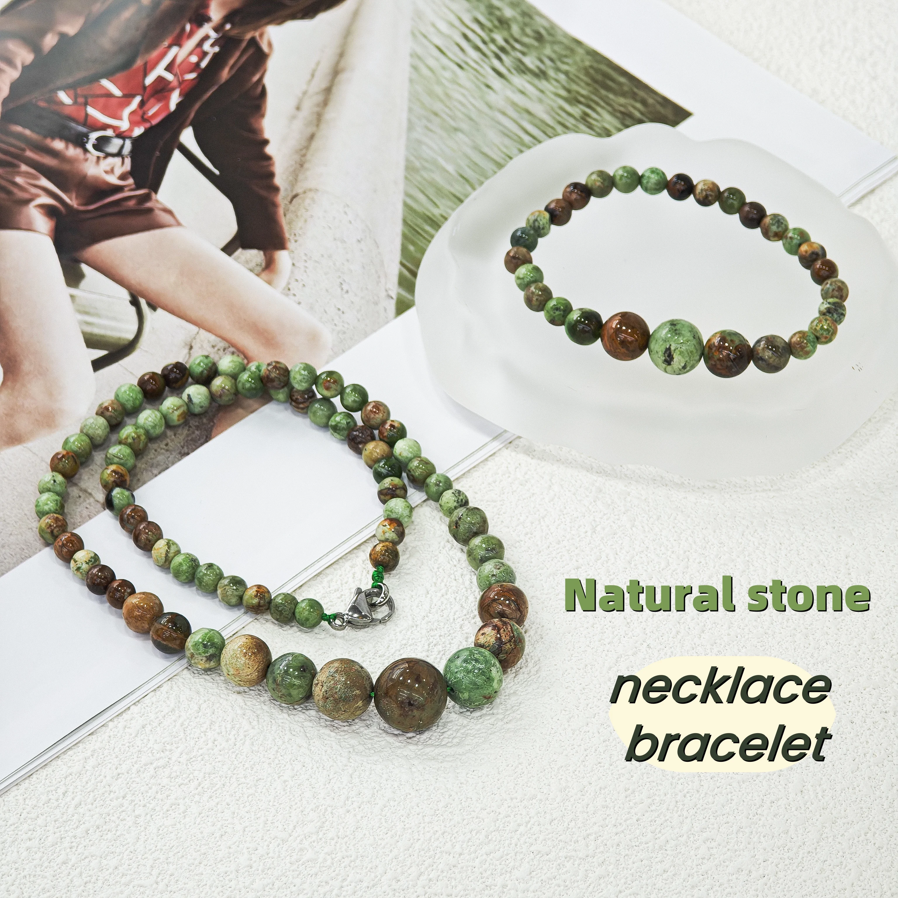 

Lecter Store Unique handmade green natural stone necklace bracelet pendant, round women's jewelry gift set accessories