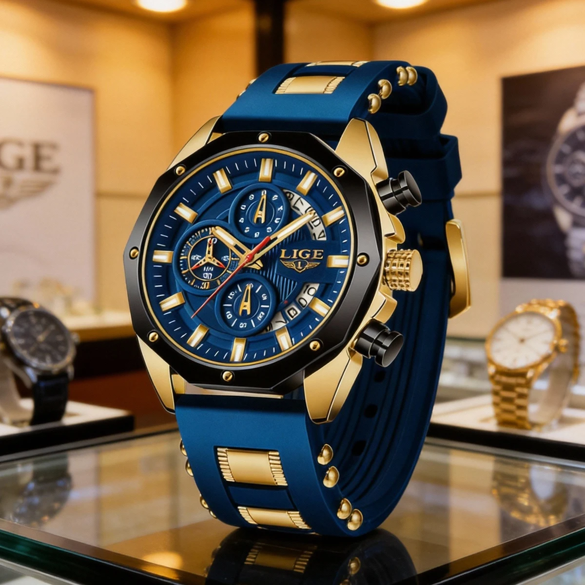 

Мужские спортивные часы LIGE с силиконовым ремешком, роскошные, с большим циферблатом, календарем, кварцевые, наручные часы для мужчин, Reloj Hombre