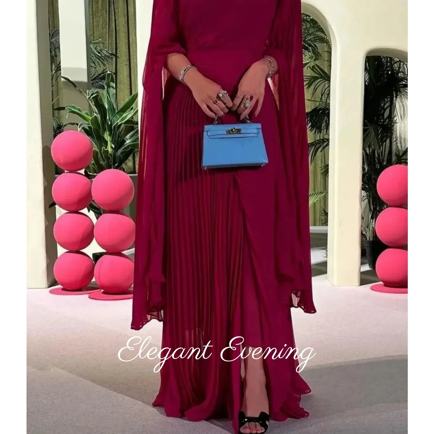 Vintage alta pescoço vestidos de noite até o chão manga longa chiffon vestidos de baile plissado vestidos de festa de casamento saudita personalizado