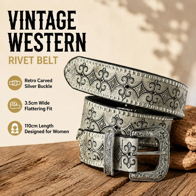 

Niche Designer Western Rivet Waistband Vintage Silver Engraved Metal Buckle Belt Simple Retro Fashion Accessory Elegant Decor
