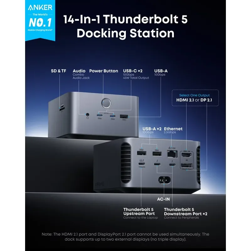 Brand for Anker Prime TB5 DockingStation, 14-in-1Thunderbolt 5 Dock with120Gbps Max Transfer, Dock with140W Max