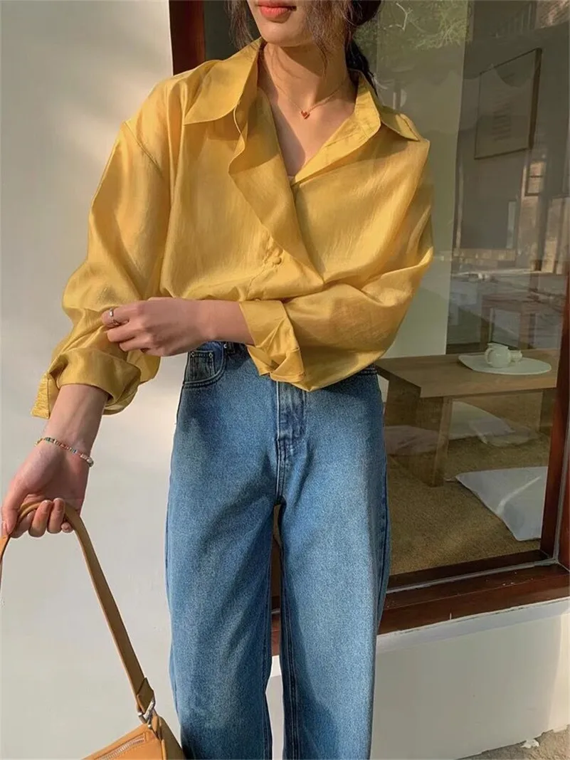 2026 nova primavera feminina rayon senhora do escritório lapela suave camisas de aba larga temperamento simples manga longa fina solta topos blusas