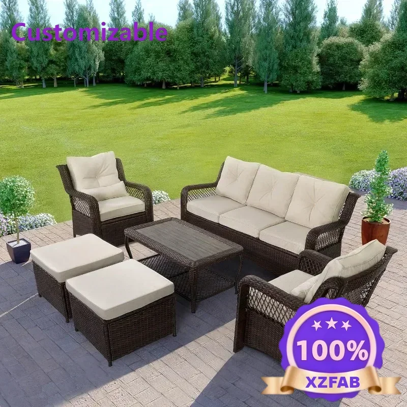 Factory Direct 2026 Long - lasting 6 Pieces Patio Furniture Set, Wicker Outdoor Patio Sets, Sectional Rattan Sofa Chairs with Co