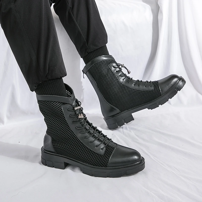 العصرية عالية أعلى الرجال الأحذية مع بو الربط جوفاء خارج الدانتيل يصل تنفس مريحة كعب منخفض المألوف جولة تو الرجال الأحذية #3