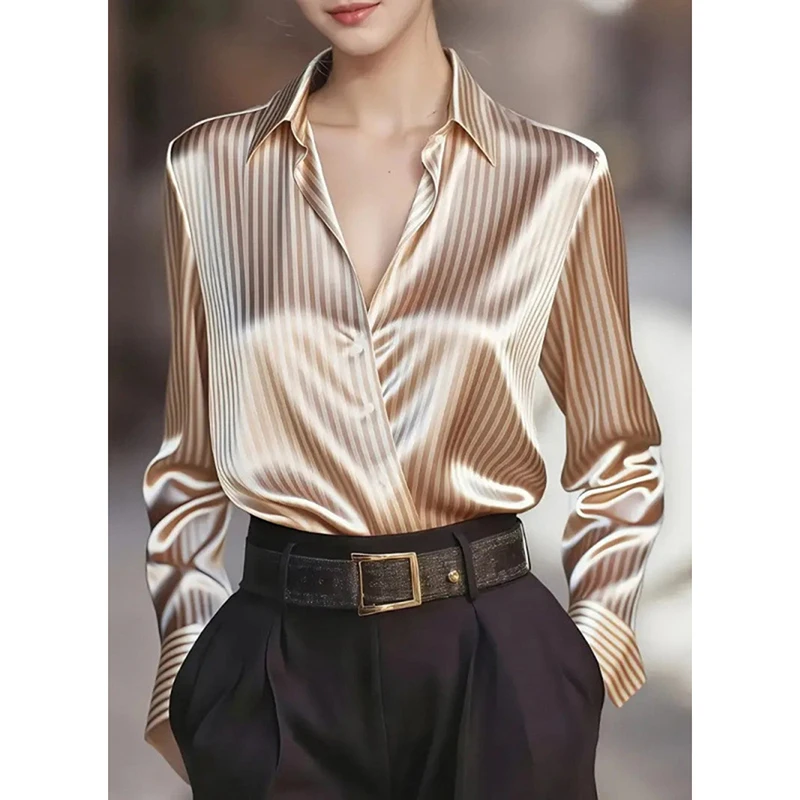 

Американская атласная элегантная черная рубашка для женщин, винтажная классическая полосатая блузка с длинным рукавом, приталенная, драпированная, простая женская блузка для офиса