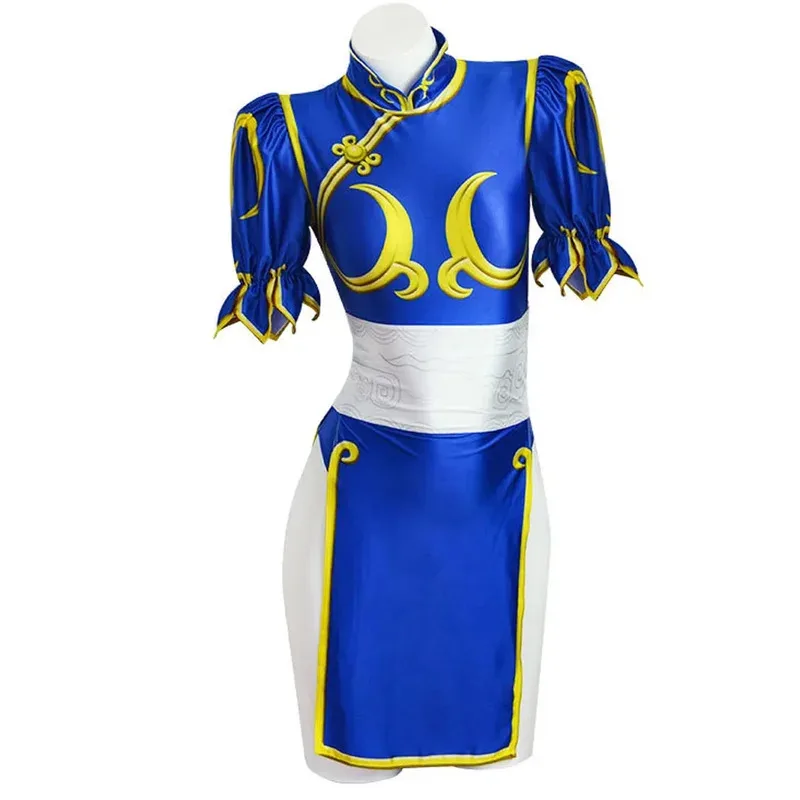 4PCS Anime Street Chun Li Cosplay Costumes Bracelet Sutorito Faita Blue Cheongsam Top+Belt+Headwear+Bracelet Sexy Halloween Prop