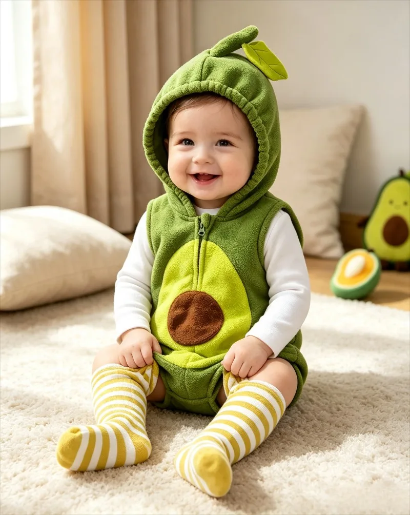 Halloween Baby Avocado Theme Hooded Short Romper 2Pcs Set With Matching Stockings Soft Bodysuit Holiday Daily Photo Outfit 24M