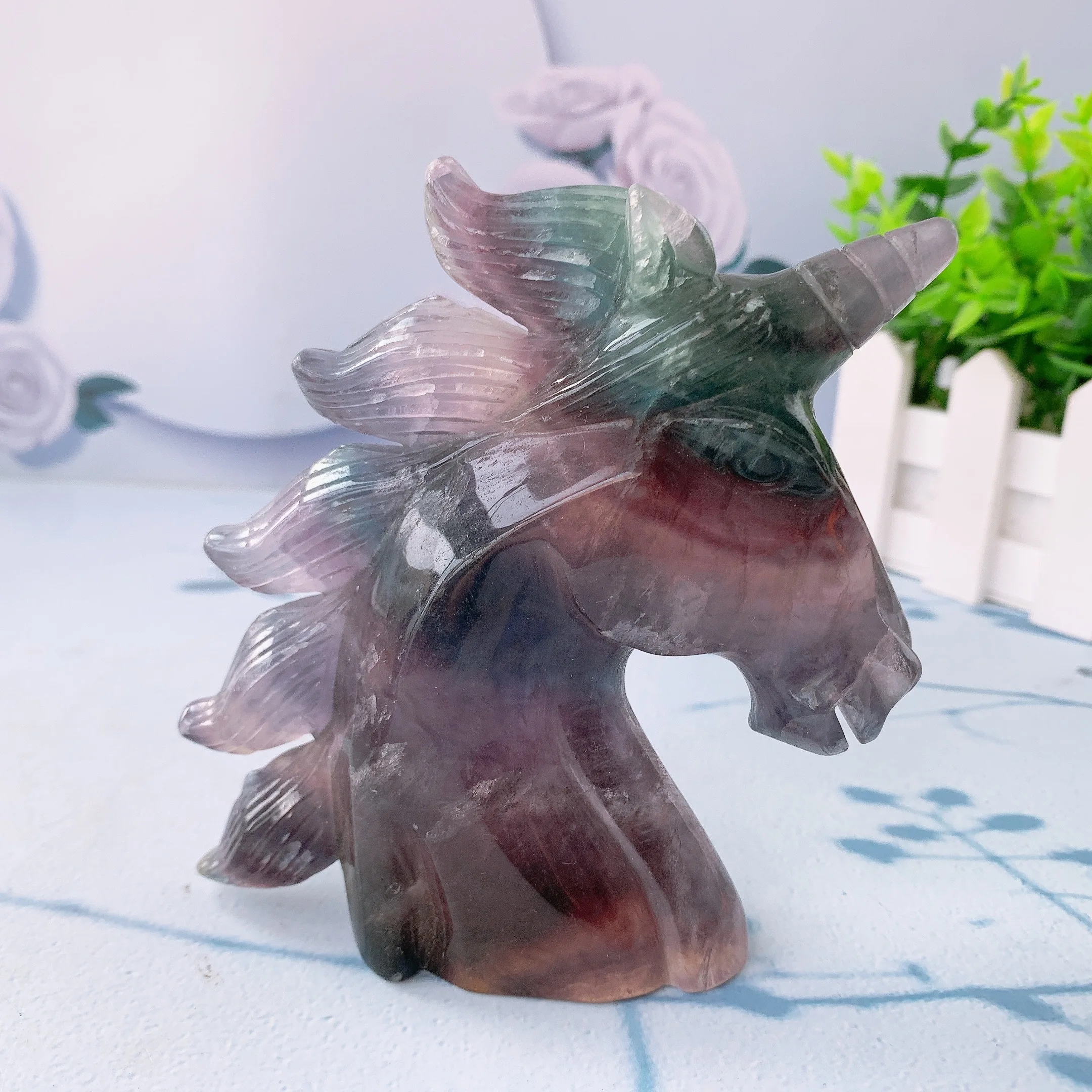 1pc  Natural Fluorite unicorn head Crystal animal skull Healing Home decoration