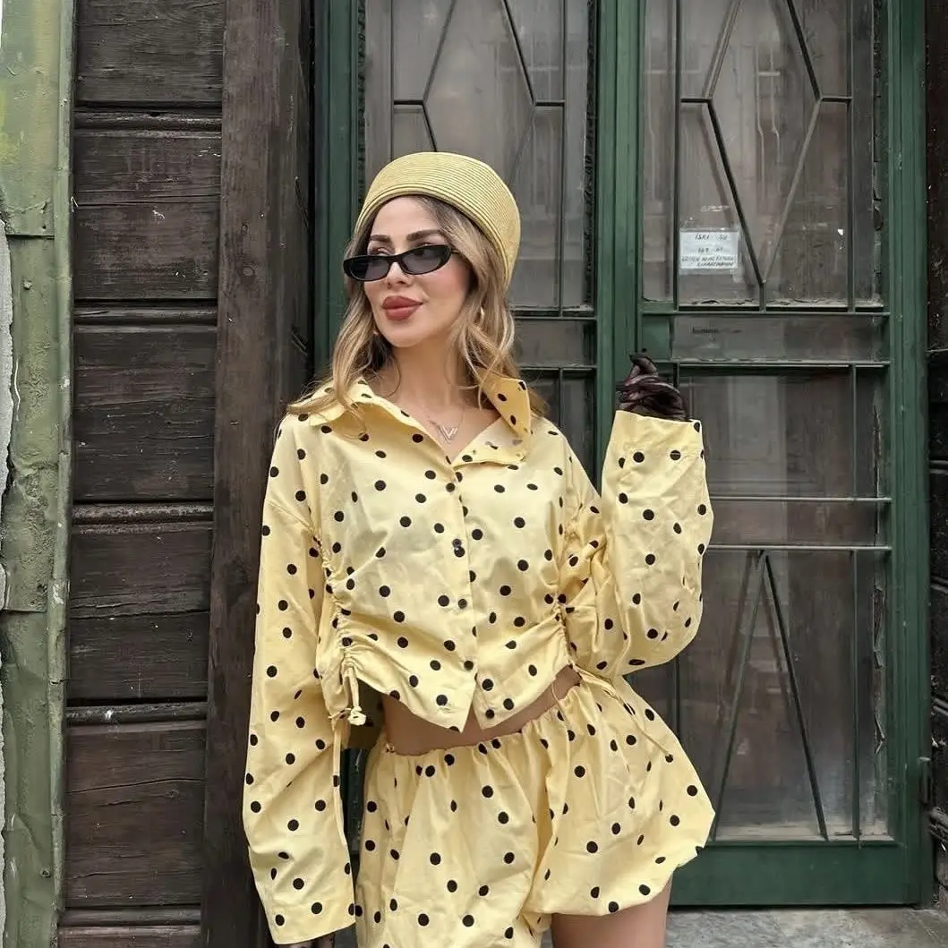 2026 Summer New Women's Commuter Style Fashion Versatile Pleated Polka Dot Stand-up Collar Jacket Balloon Version Shorts