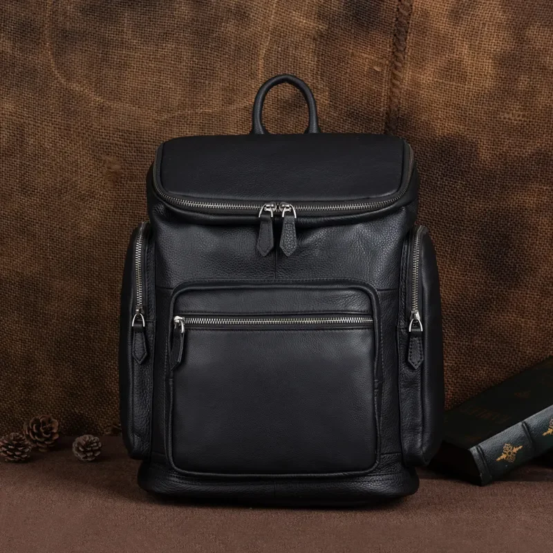 Men Genuine Leather Backpack First Layer Cowhide Large Capacity Travel Bag Multi Compartment Computer Rucksack High Quality