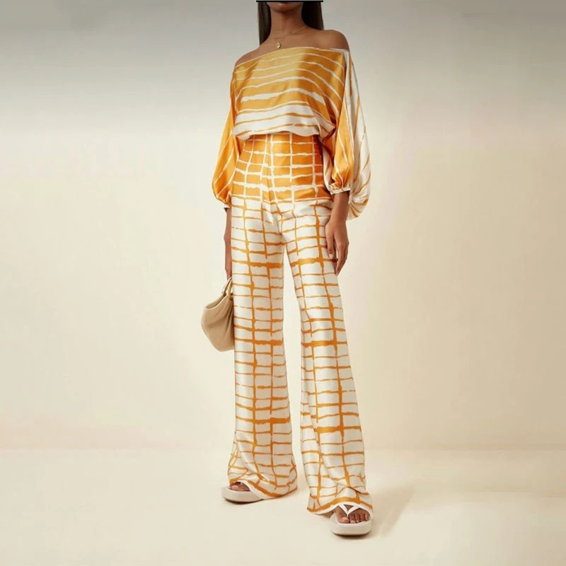 Women Print Satin Outfit Lantern Sleeve Off Shoulder Long Sleeve Blouse Office Lady 2 Piece Sets New Casual Wide Leg Pants Suits