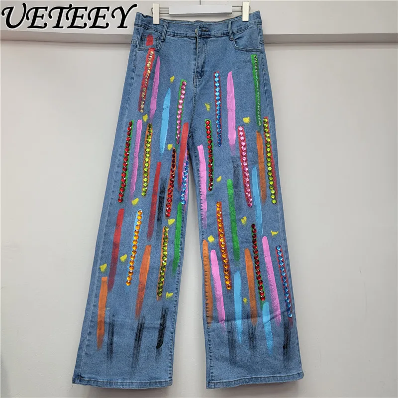 

2025 Summer New Women's Heavy Industry Hand-painted Graffiti Baggy Jeans Diamond-encrusted Loose Straight Denim Trousers