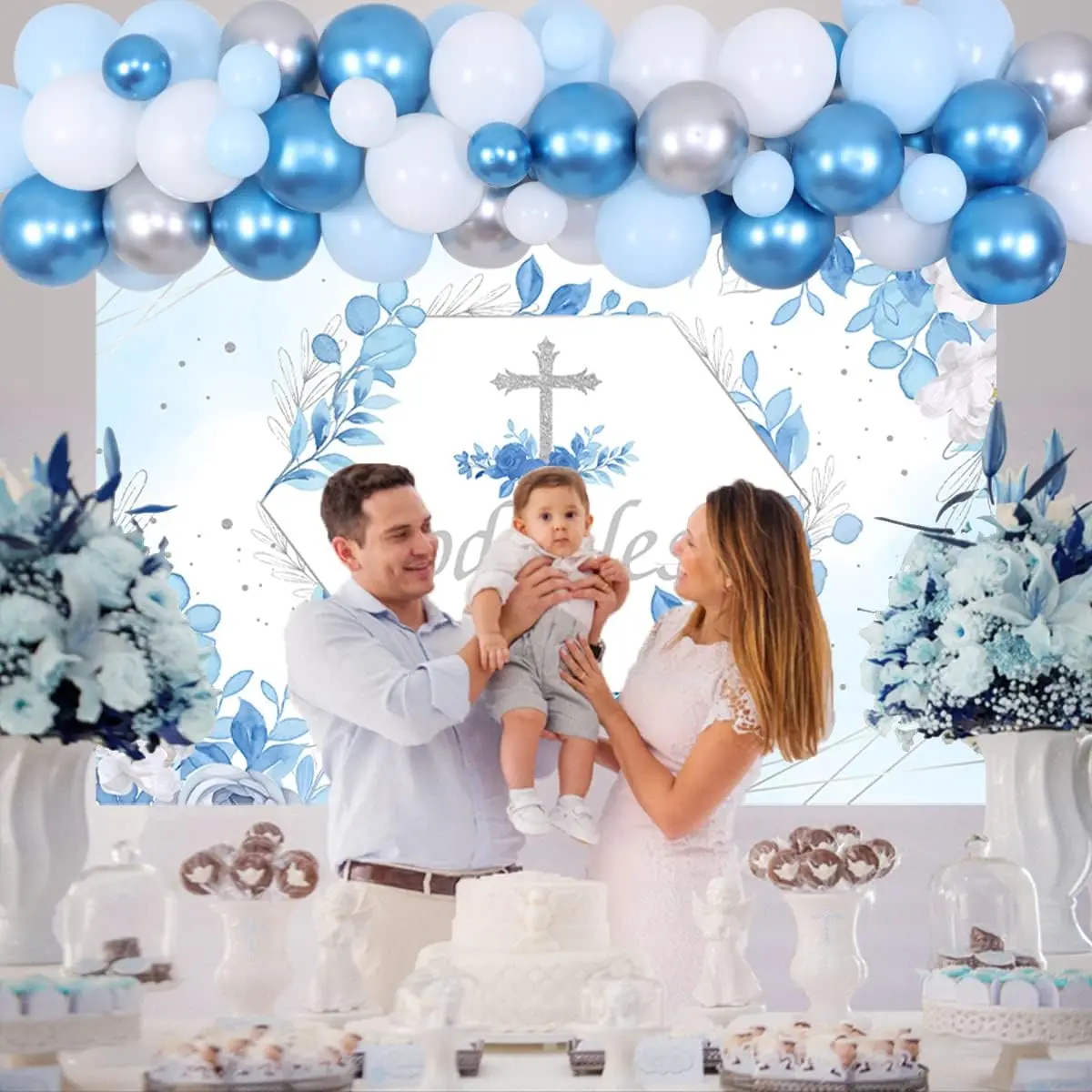 Baptism Party Decorations for Boy Blue Silver Balloon Garland Kit God Bless Backdrop First Communion Confirmation Party Supplies