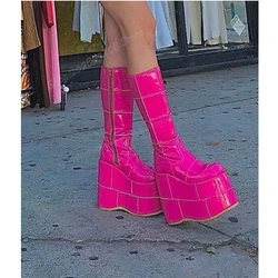 Rose Red Patent Leather Mid Calf Boots Wedges High Heel Platform Side Zipper Fashion Sexy Women Shoes 2024 Zapatos Para Mujere