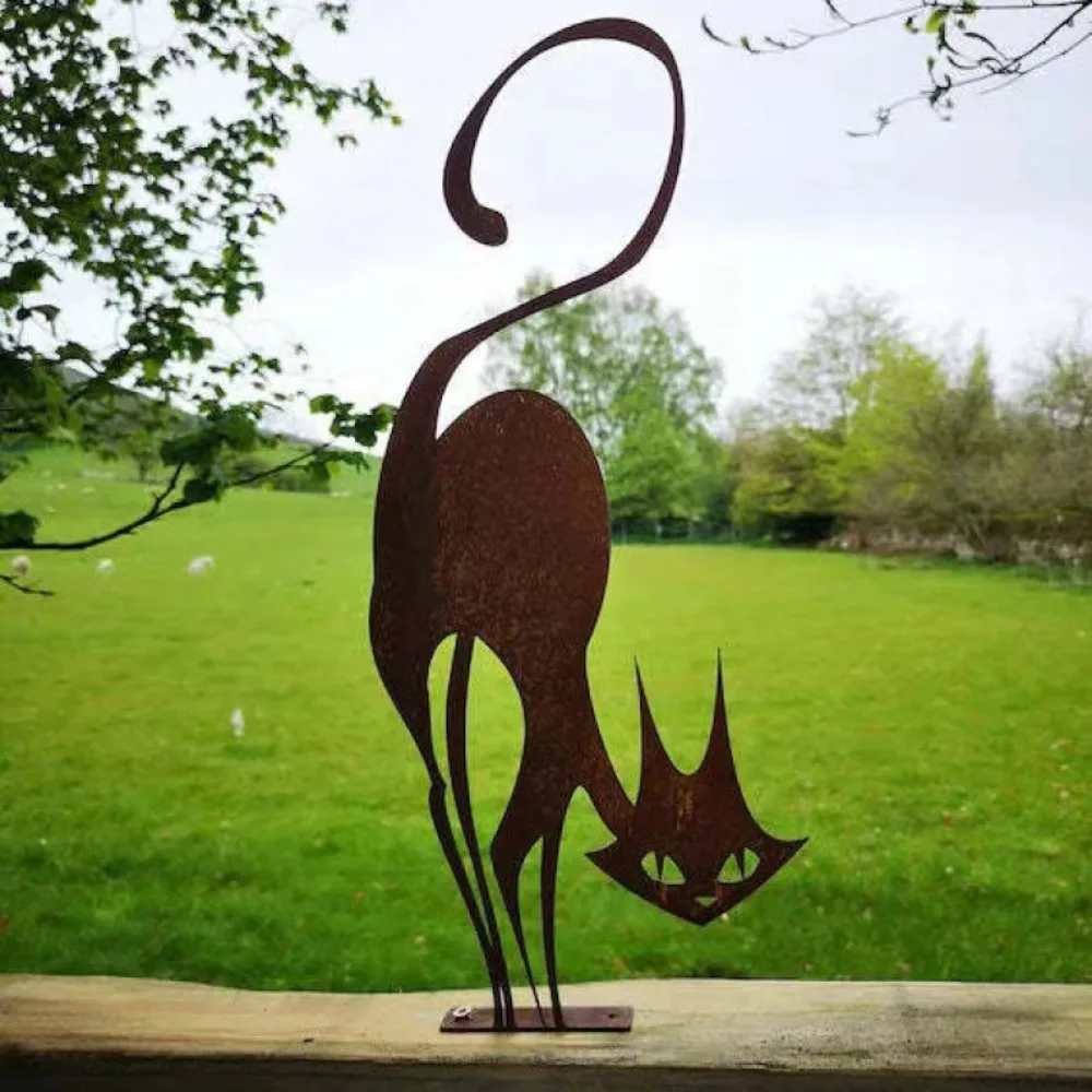 Charming Rusty Series Cat Fence Decoration Silhouette Art Wall Art Halloween Ornaments Metal Garden Statue