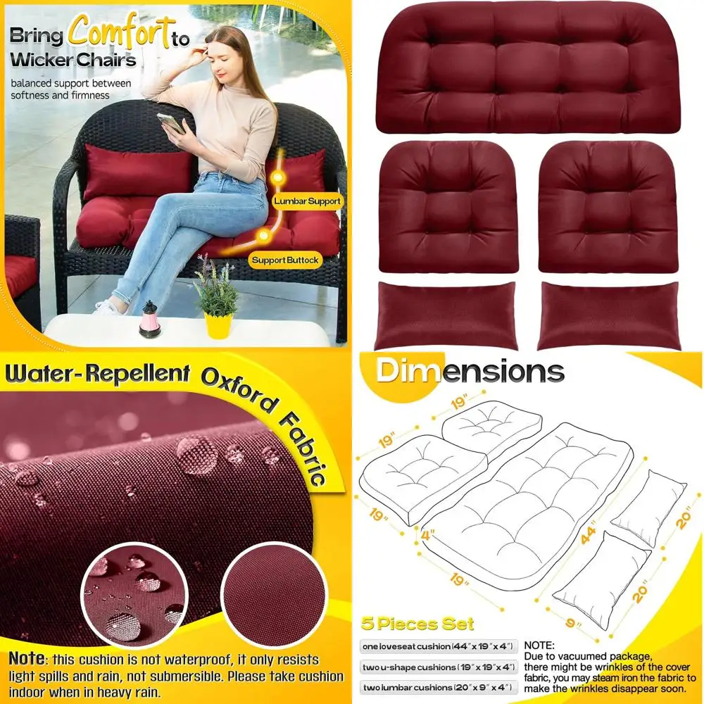 

Memory Foam Cushion Set for Wicker Furniture: 5-Piece Outdoor Patio Seat Covers (Red)