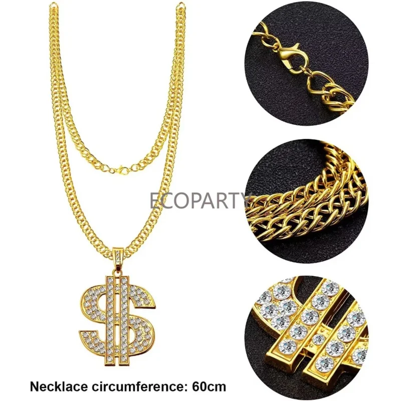 2023 New 80s Hip-hop Flashy Party Halloween Costume Dollar Neckle Ring Bracelet Fisherman Hat Radio Trendsetter Props