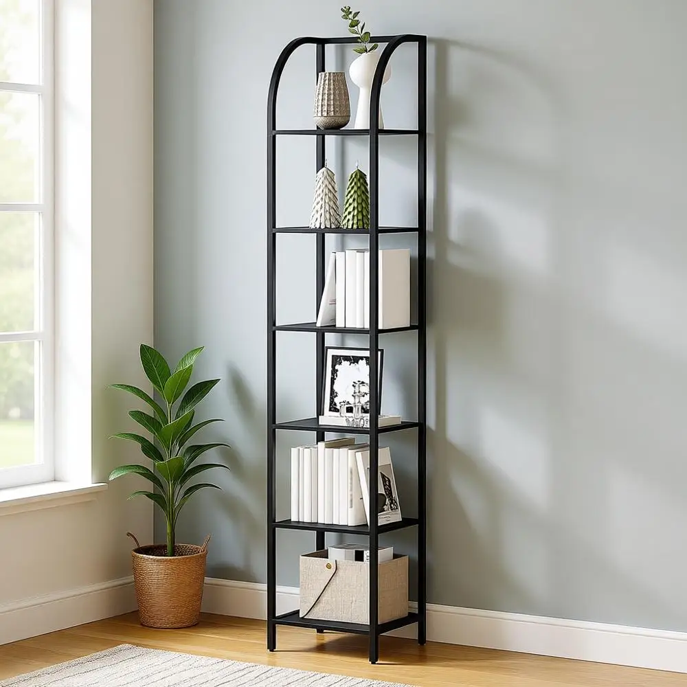 

6-ярусный узкий книжный шкаф в индустриальном стиле, высокая полка для хранения книг, витрина для дома или офиса