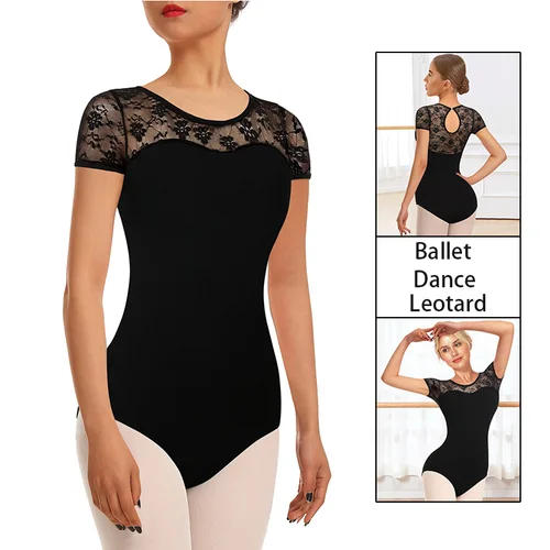 Imagen 2 del producto Leotardos de baile de Ballet con empalme de encaje Floral para mujer, Tops de baile de gimnasia para adultos con forro frontal suave, ropa de Ballet