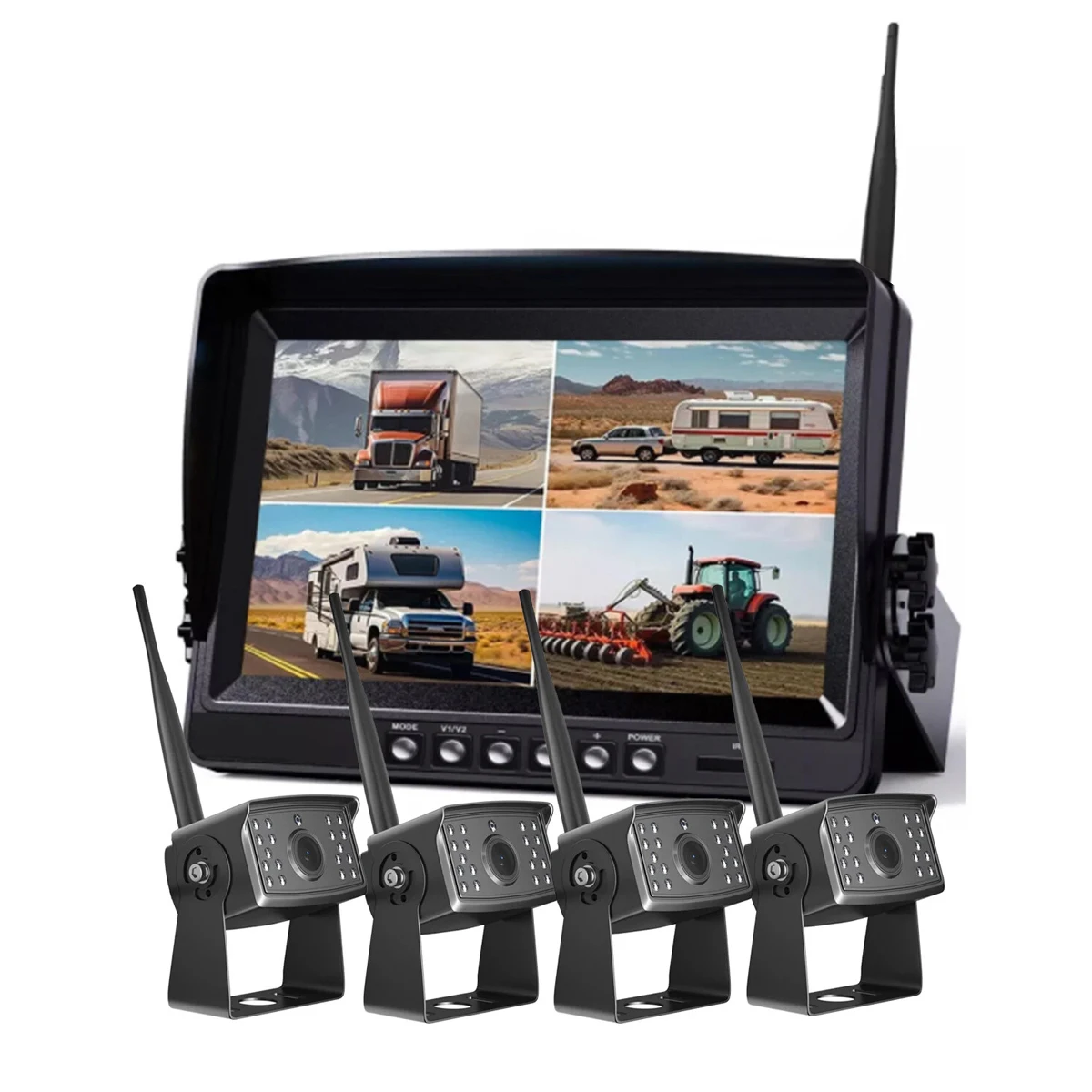 9-Inch Waterproof Wireless DVR Monitor With Night Vision 4-Split Screen Reverse Camera System For Truck Backup Parking RV Use