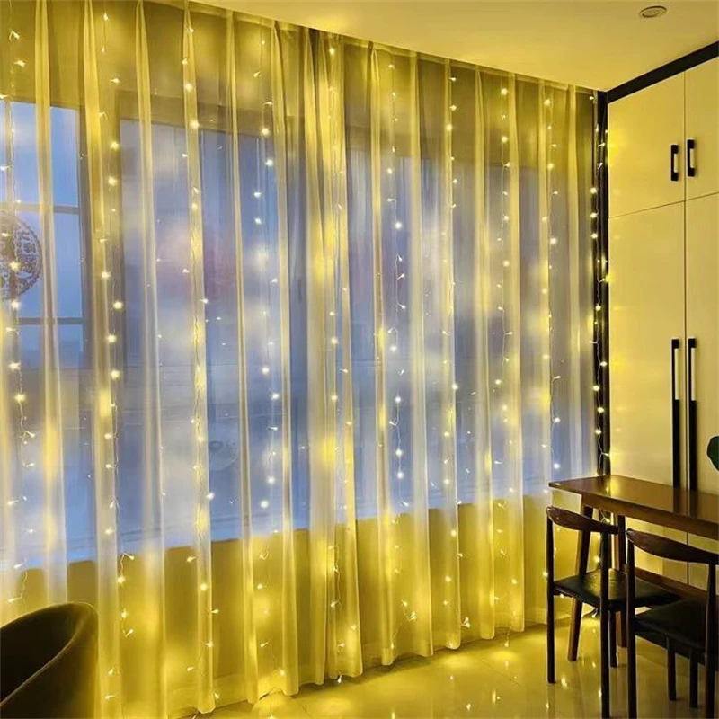 LED Curtain String Fairy Lights, 8 Modos, Controle Remoto, Decorações de Natal, Casamento, Feriado, Quarto, Decoração de Casa, 1Pc