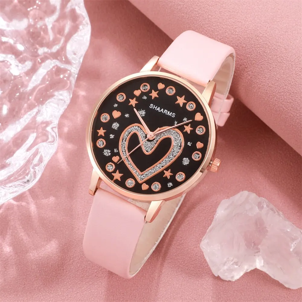 6PCS Set Women Love Dial Watch Brand Design Female Clock Pink Leather Band Ladies Watches Simple Casual Quartz Wristwatches