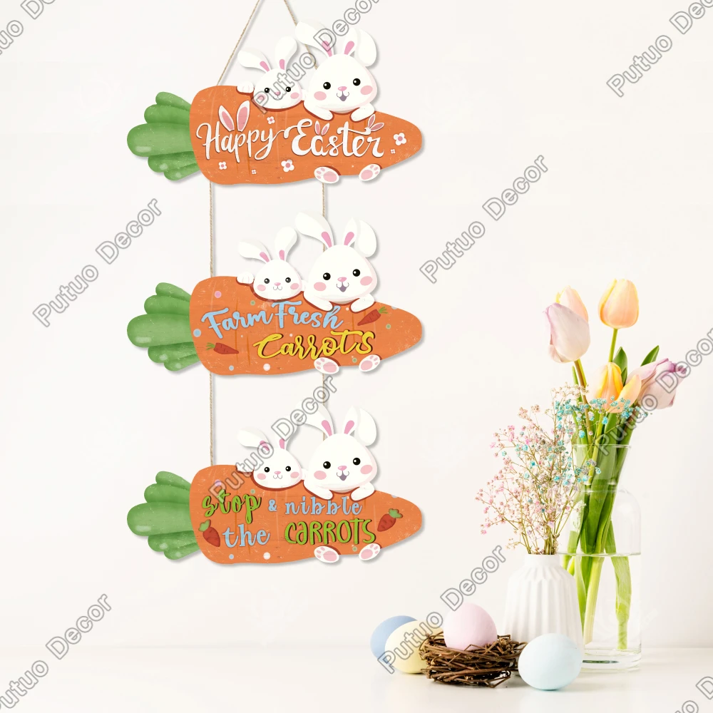 Putuo Decor 1pc Carrot Shaped Wooden Hanging Sign, Wall Art Decor for Home Farmhouse Cafe Florist's Shop, Easter Gifts