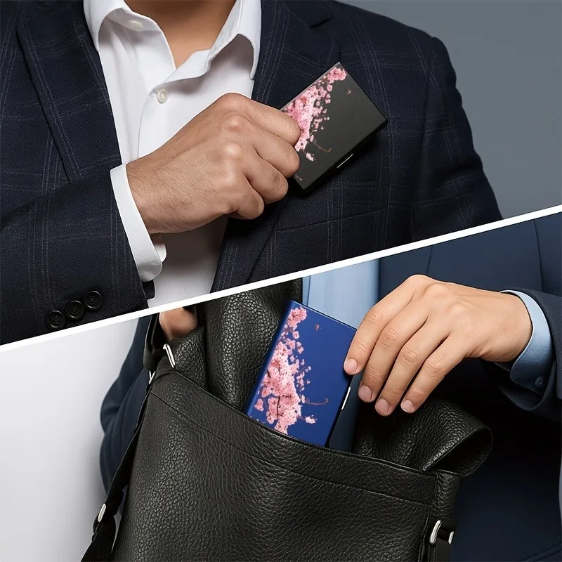 RFID-Diebstahlschutz-Metallkartenhalter mit Muster eines rosa Kirschblütenzweigs für Damen und Herren, sichere und stilvolle Kartenlagerung – Detail 5