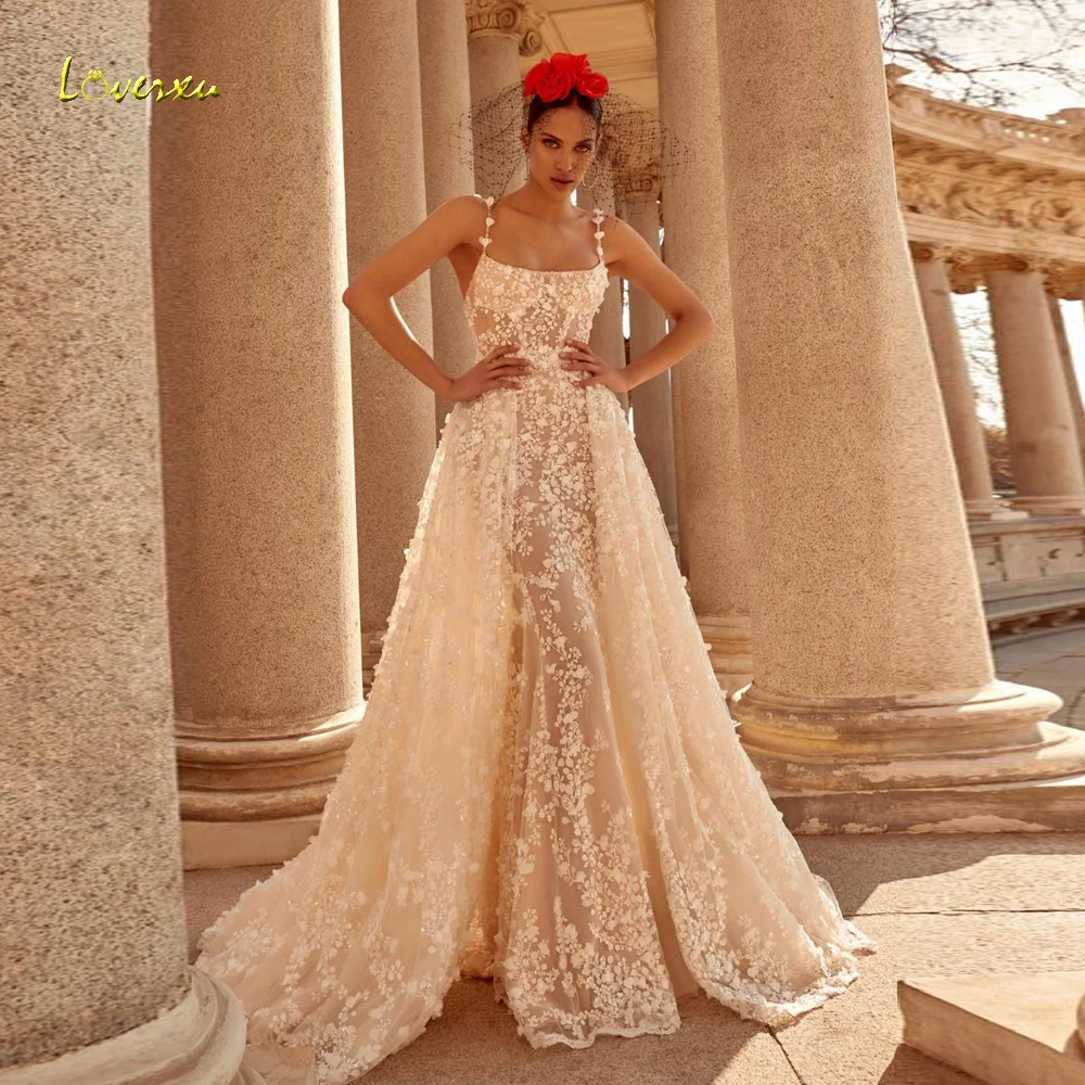 

Loverxu Mermaid Sexy Wedding Dresses Spaghetti Straps With Jacket Vestido De Novia Lace Beaded Sequined Custom Made Bridal Gowns